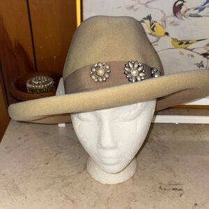 Vintage Elegant fedora Tan Hat with Embellished Band